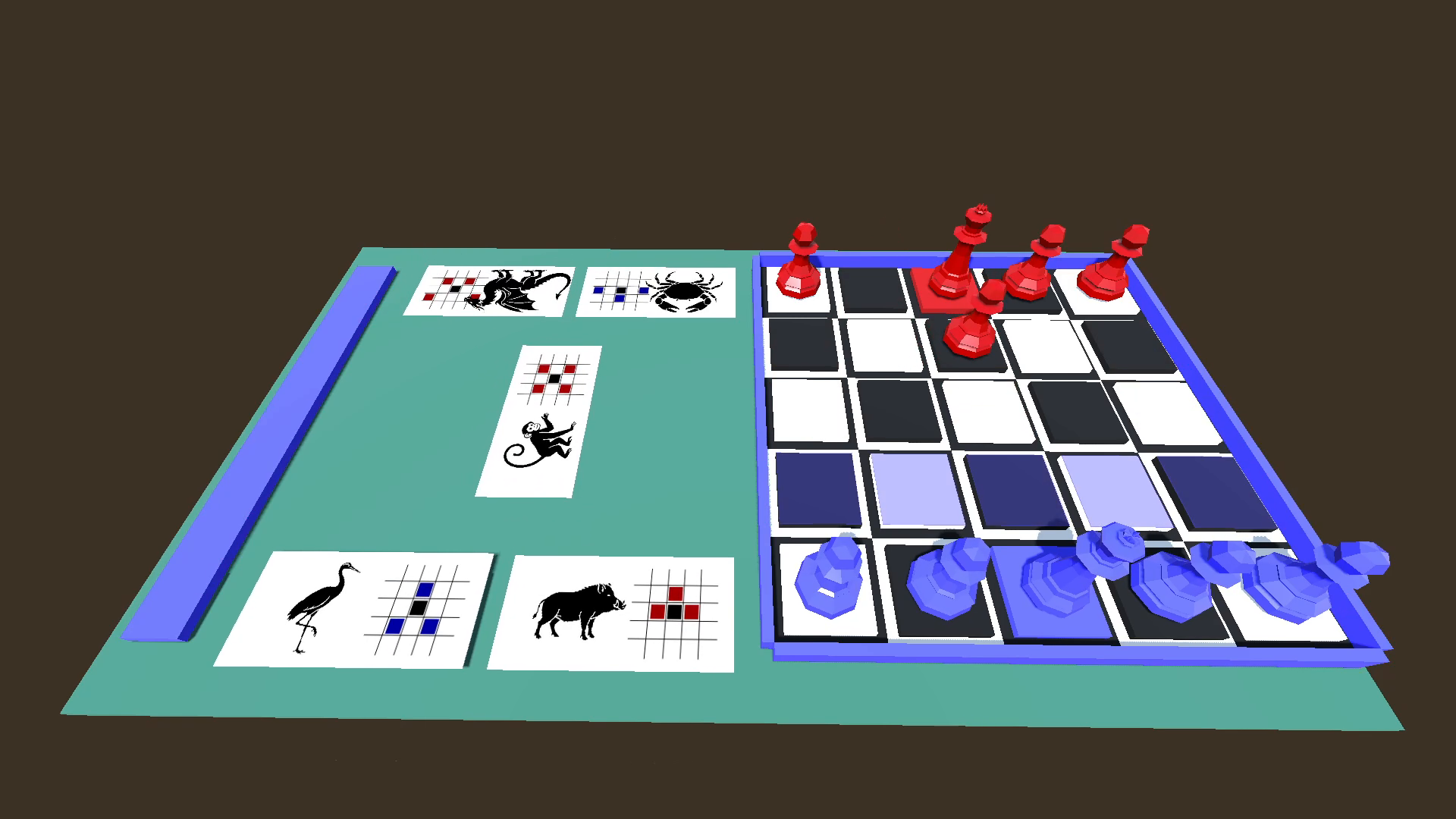 Cachuchin board with red and blue pieces and animal movement cards
