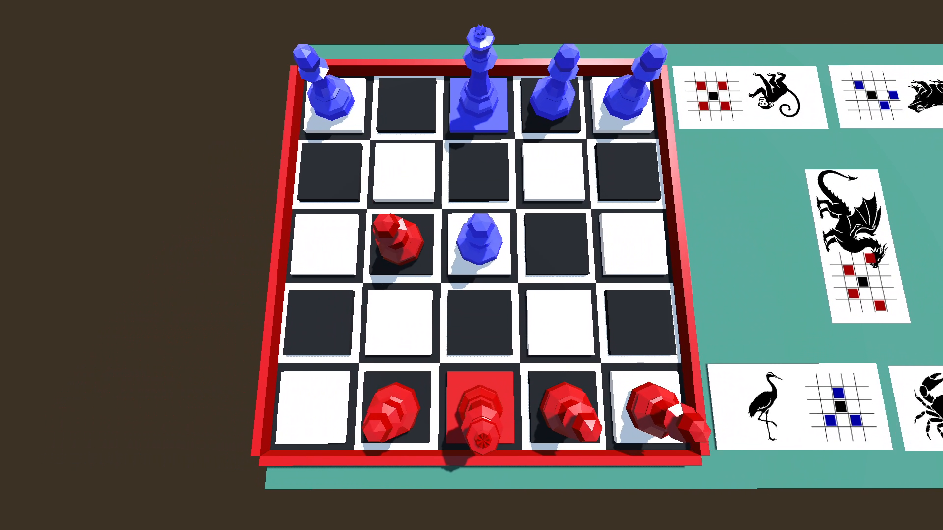 Red and blue pieces face off across a checkerboard with movement cards alongside