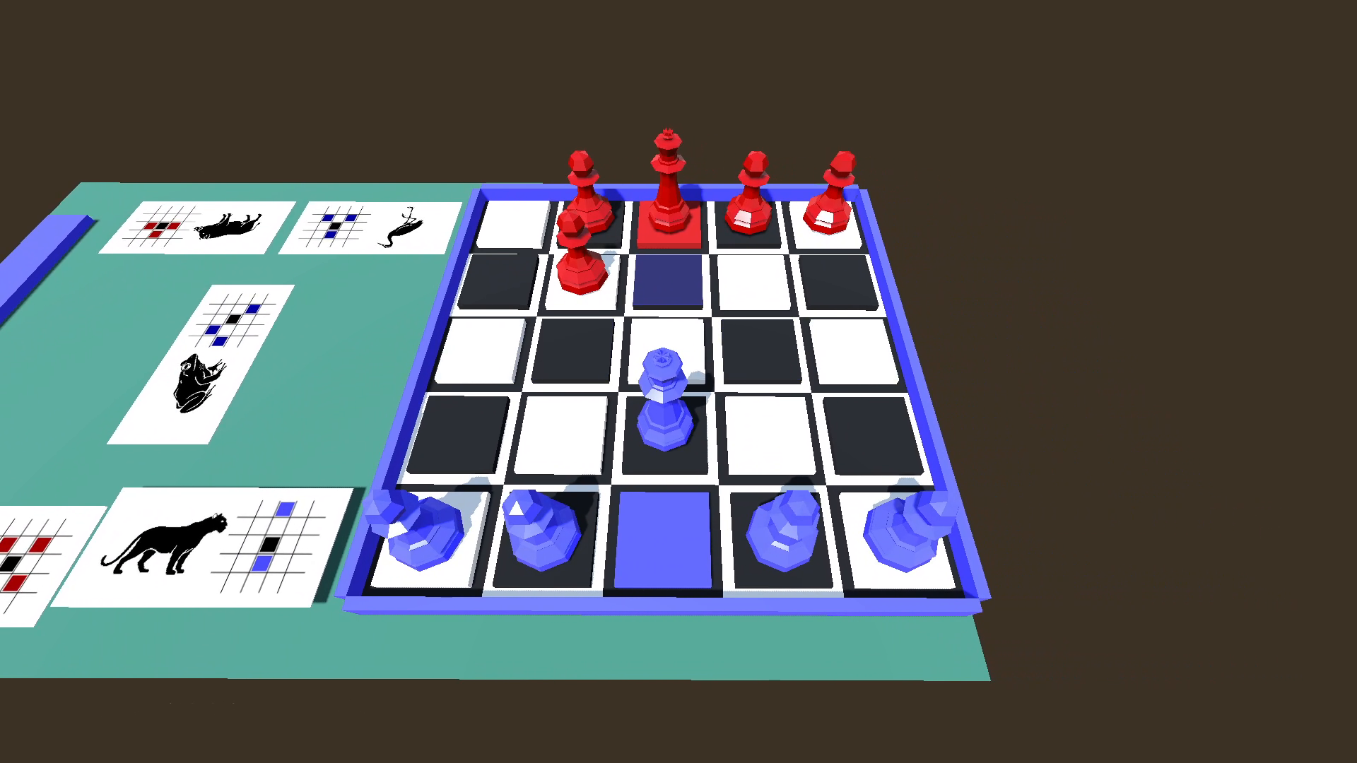 A red piece advances toward the blue side of the board