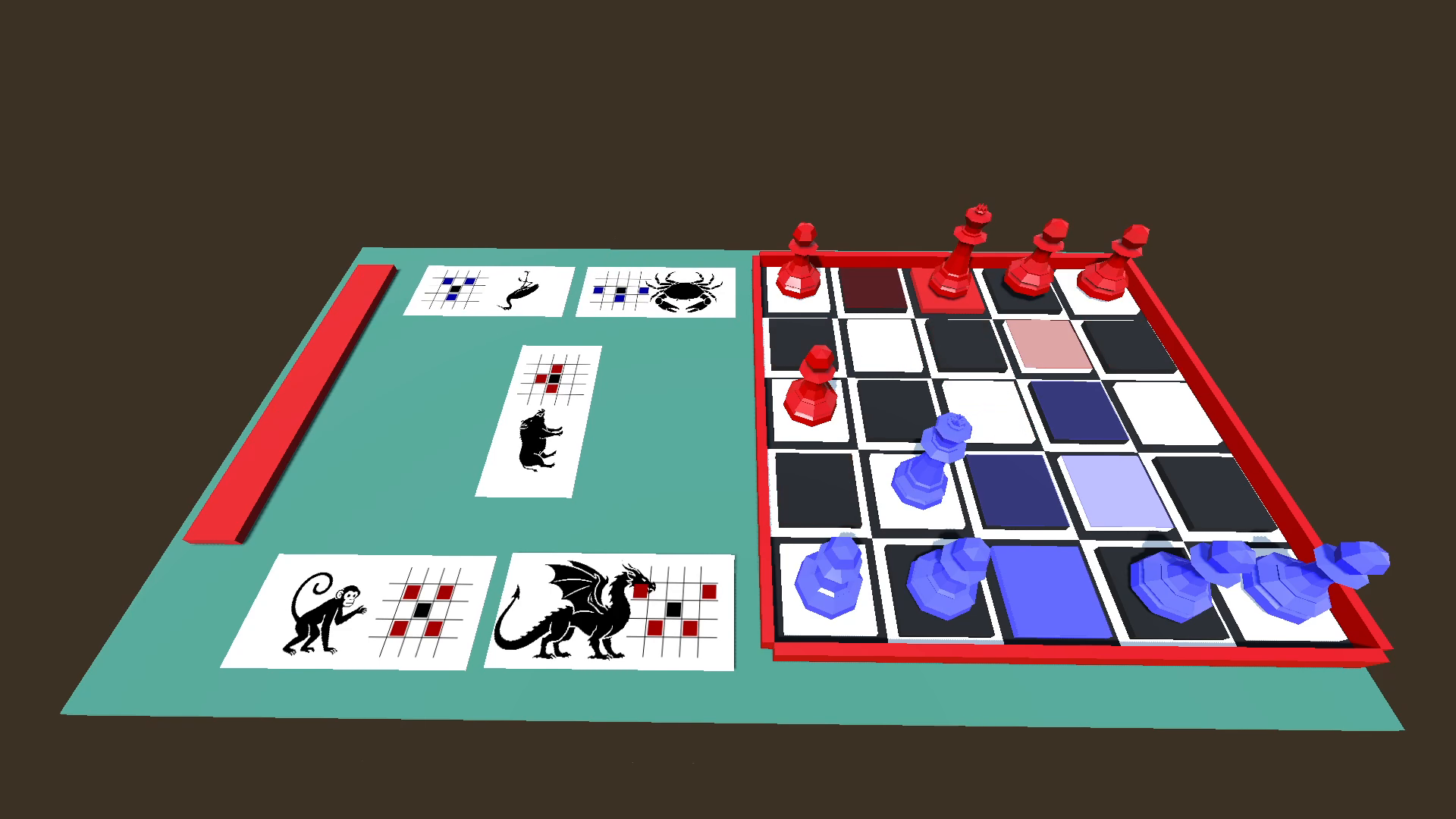 A close view of opposing pieces on the board and animal movement cards